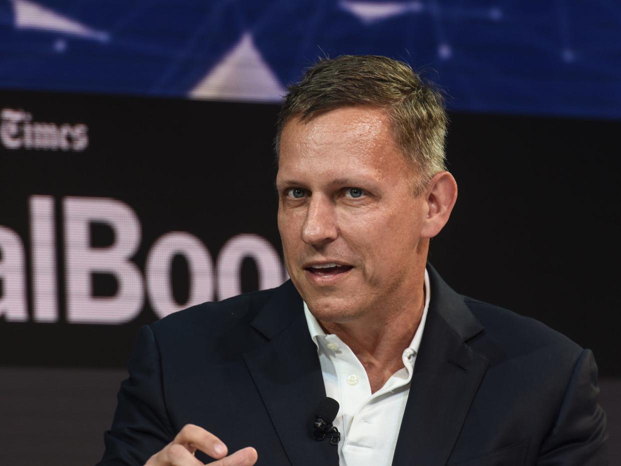 Peter Thiel speaks at the New York Times DealBook conference on November 1, 2018 in New York City.