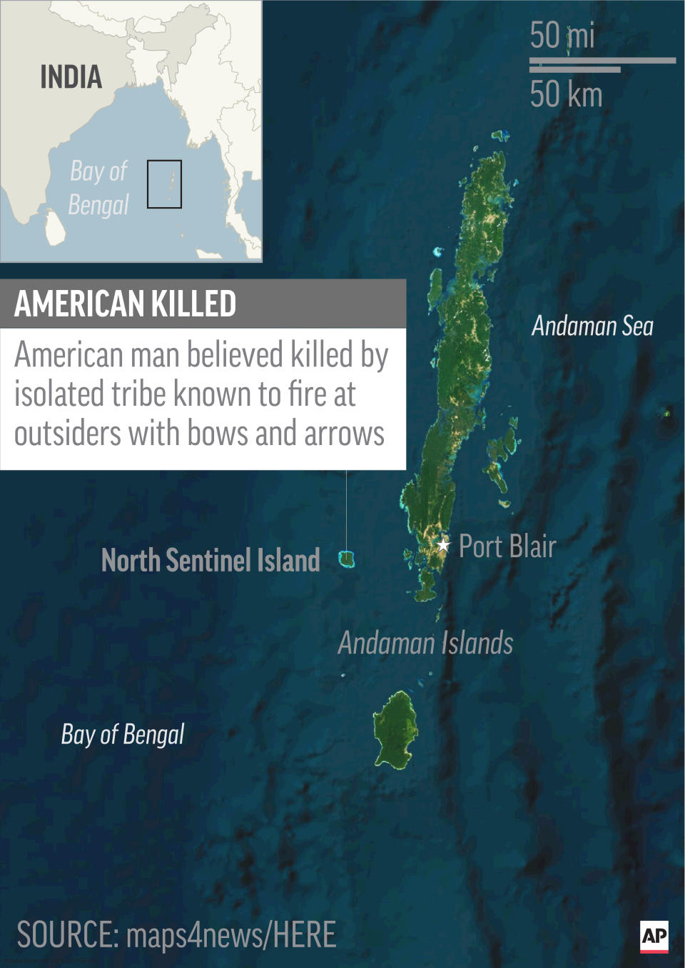 Map locates North Sentinel Island, India, where an American was believed killed by isolated tribe; 1c x 2 1/2 inches; 46.5 mm x 63 mm;