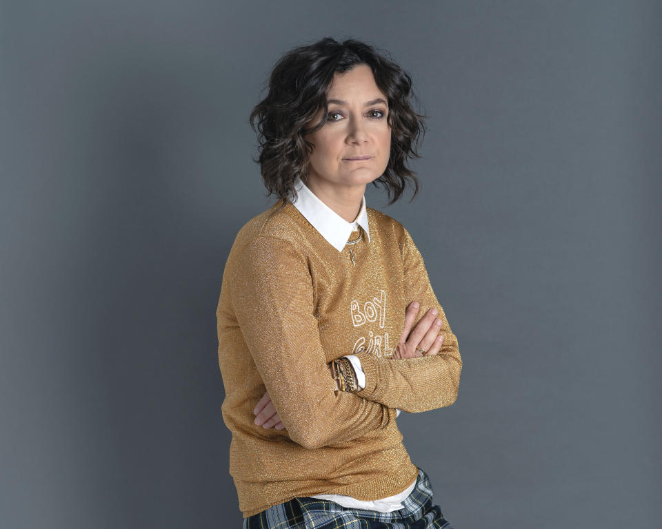 This Sept. 19, 2019 photo shows actress Sara Gilbert, star of the ABC comedy "The Conners," posing for a portrait in New York. Season two premiers Tuesday at 8 p.m. EST. (Photo by Christopher Smith/Invision/AP)