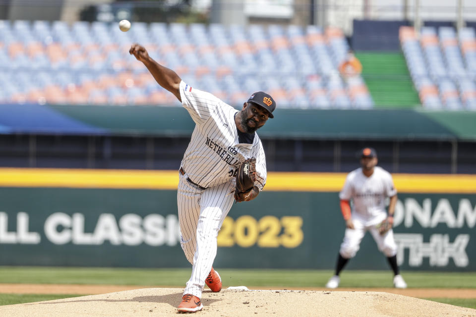 Netherlands Shairon Martis pitches to a Panama batter in the first inning during the World Baseball Classic (WBC) at the Taichung Intercontinental Baseball Stadium in Taichung, Taiwan, Thursday, March 9, 2023. (AP Photo/I-Hwa Cheng)