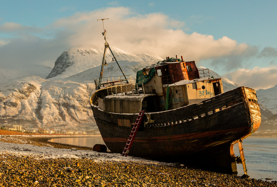 A wreck lies on the shore of Loch Linnhe in Scotland in this photo by Ron Tear.