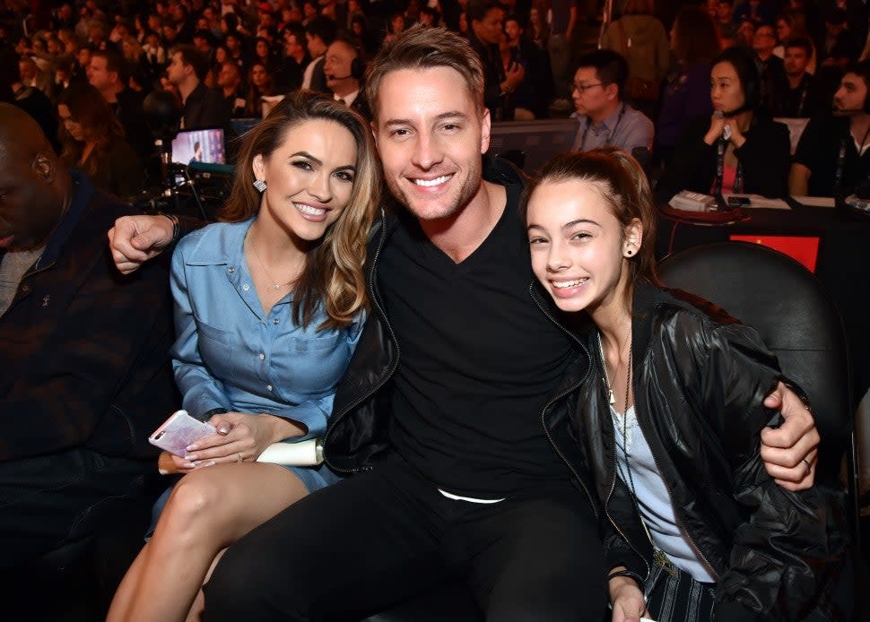 Chrishell Stause, Justin Hartley and Isabella Justice Hartley attend the 2018 State Farm All-Star Saturday Night at Staples Center on February 17, 2018 in Los Angeles, California.