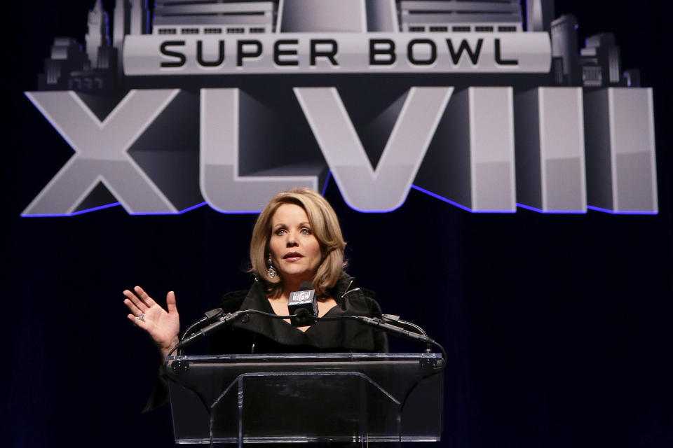 Opera singer Renee Fleming who will sing the National Anthem before the NFL Super Bowl XLVIII football game speaks during a press conference Thursday, Jan. 30, 2014, in New York. (AP Photo)