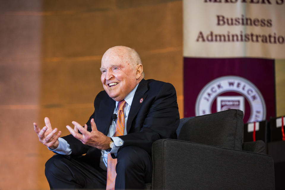 WASHINGTON, DC - JUNE 11:  Former General Electric CEO Jack Welch speaks during a ceremony for students at the Jack Welch Management Institute,  June 11, 2016 in Washington, DC.  JWMI offers online MBA and Executive Certificate programs in business.   (Photo by Brooks Kraft/Getty Images)