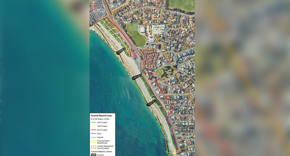 The coastline can be seen with black areas labelled 'groynes' where the proposed rock structures would be situated. 