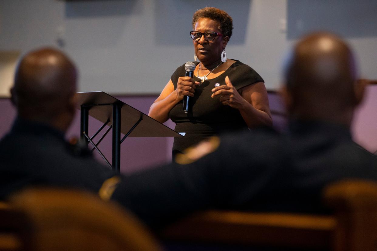 State Rep. Karen Camper, the House minority leader, speaks during a town hall on public safety hosted by State Senator Raumesh Akbari at Riverside Missionary Baptist Church in Memphis, Tenn., on Tuesday, August 1, 2023.