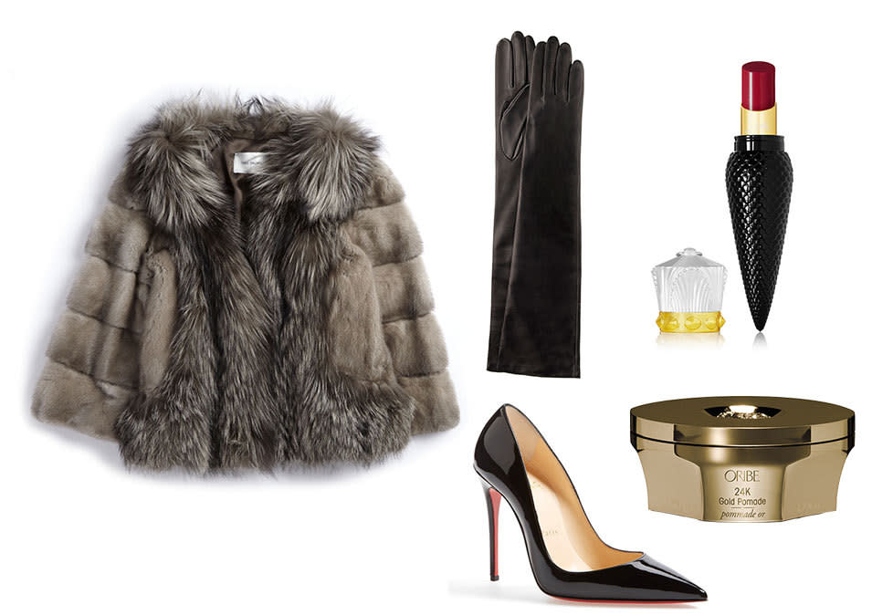 This look is all about the luxe fur and bombshell accessories.