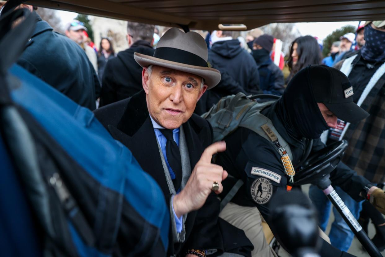 <p>File Image:  Roger Stone, former adviser to president Donald Trump greets supporters after speaking in front of the Supreme Court on 5 January in Washington, DC</p> (Getty Images)