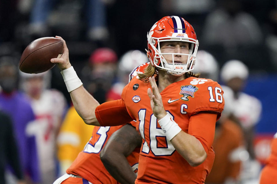 Clemson quarterback Trevor Lawrence passes against Ohio State during the first half of the Sugar Bowl NCAA college football game Friday, Jan. 1, 2021, in New Orleans. (AP Photo/Gerald Herbert)