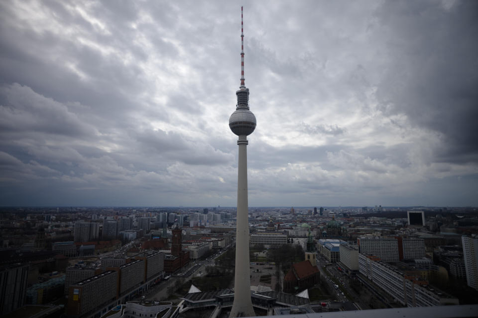 The Berlin TV Tower stands out in the center of the German capital Berlin, Friday, March 24, 2023. Voters in Berlin go to the polls this weekend to decide on a proposal that would force the city government to drastically ramp up the German capital’s climate goals. Sunday's referendum, which has attracted considerable financial support from U.S.-based philanthropists, calls for Berlin to become climate neutral by 2030, meaning that within less than eight years the city would not be allowed to contribute further to global warming. (AP Photo/Markus Schreiber)