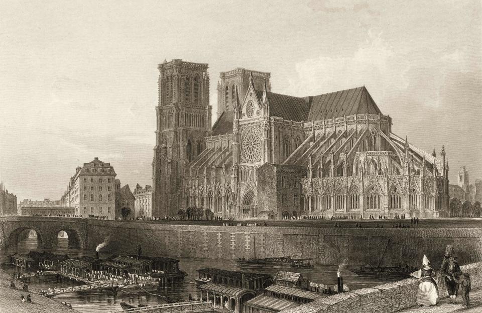 Notre-Dame shown in an engraving circa 1840, before the addition of its now-destroyed central spire.