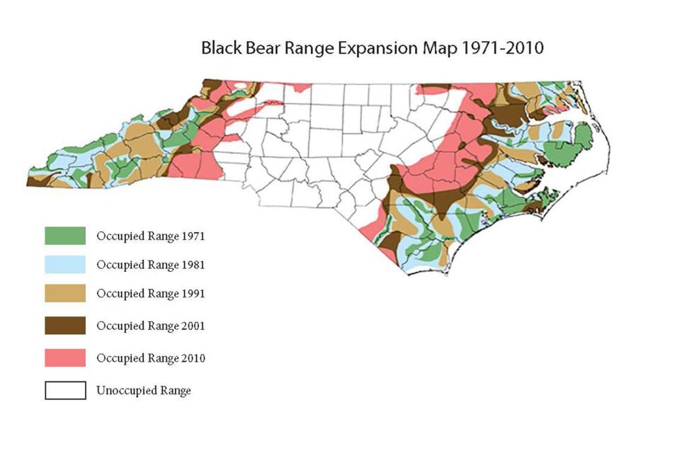 A map from the North Carolina Wildlife Resources Commission shows expanding black bear habitat in the state from 1971-2010.