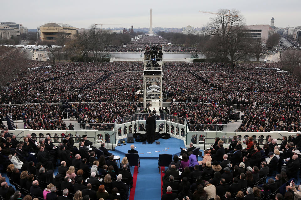 U.S. President Barack Obama gives his inauguration address during the public ceremonial inauguration on the West Front of the U.S. Capitol January 21, 2013 in Washington, DC. Barack Obama was re-elected for a second term as President of the United States. (Photo by Rob Carr-Pool/Getty Images)