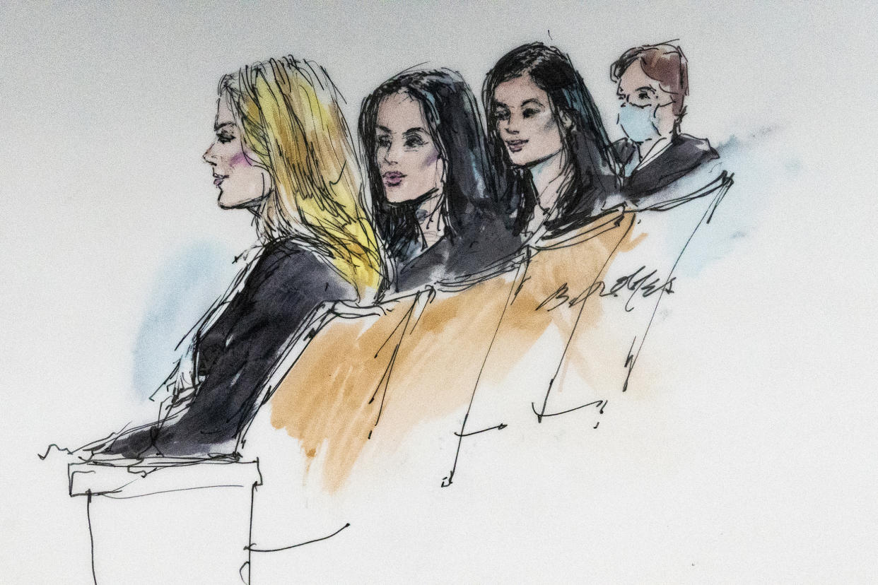 In this courtroom artist sketch, Khloe Kardashian, from left, Kim Kardashian, Kylie Jenner and Kris Jenner sit in court in Los Angeles, Tuesday, April 19, 2022. (Bill Robles via AP)