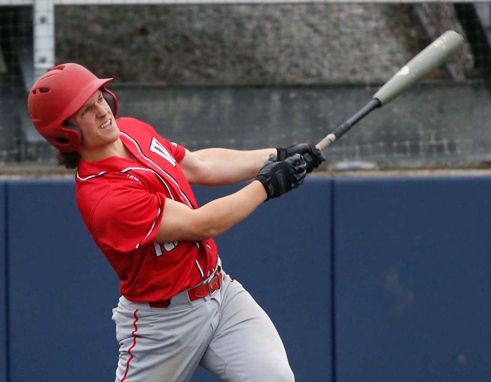 Kyle Figuray of Wadsworth hits a double during a game against Stow at the University of Akron on May 5, 2022.