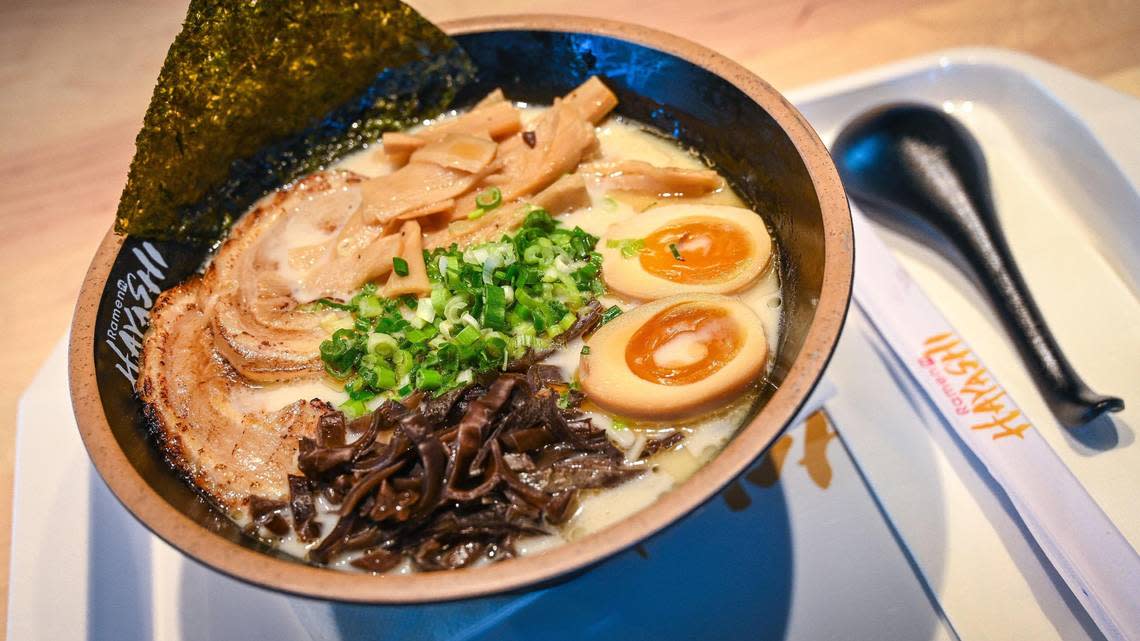 A bowl of tonkotsu ramen from Ramen Hayashi at their location in the Marketplace at El Paseo shopping center near Herndon and Highway 99 in northwest Fresno.