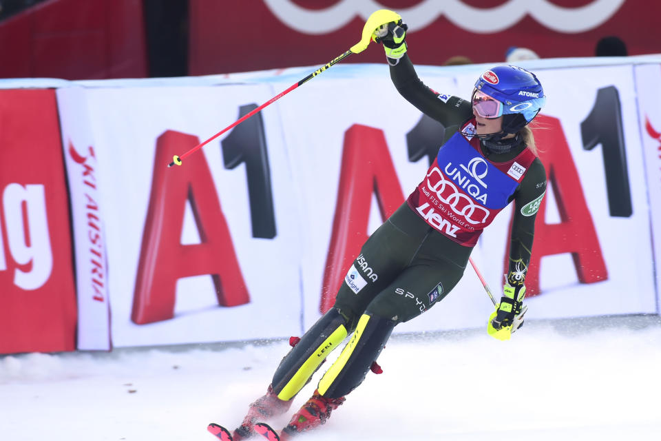 First placed United States' Mikaela Shiffrin reacts after completing an alpine ski, women's World Cup slalom in Lienz, Austria, Sunday Dec. 29, 2019. (AP Photo/Pier Marco Tacca)