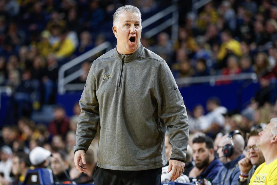 Matt Painter head coach of the Purdue Boilermakers reacts to a foul in the first half of a game against the Michigan Wolverines at Crisler Arena on Sunday, Feb. 25, 2024, in Ann Arbor, Michigan.
