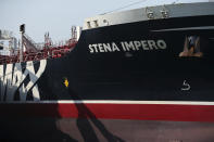 The British-flagged oil tanker Stena Impero docks at Port Rashid Port Rashid in Dubai, United Arab Emirates, Saturday, Sept. 28, 2019. On Friday, Iran released the Stena Impero which it had seized in July as it passed through the Strait of Hormuz, the narrow mouth of the Persian Gulf through which 20% of all oil passes. (Christopher Pike, Pool Photo via AP)
