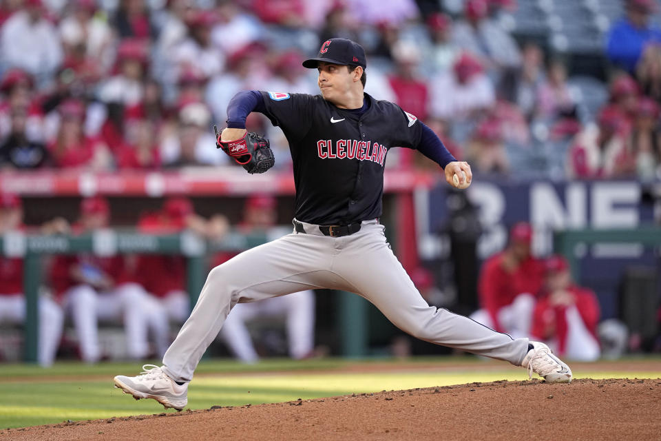 Cleveland Guardians starting pitcher Logan Allen throws to the plate during the first inning of a baseball game against the Los Angeles Angels Friday, May 24, 2024, in Anaheim, Calif. (AP Photo/Mark J. Terrill)