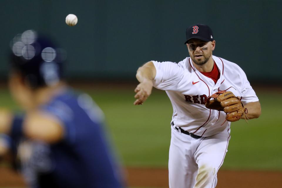 Boston Red Sox catcher Kevin Plawecki pitches during the ninth inning of a baseball game against the Tampa Bay Rays, Thursday, Aug. 13, 2020, in Boston. (AP Photo/Michael Dwyer)