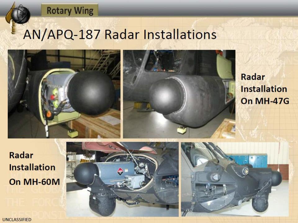 A briefing slide showing the <u>AN/APQ-187 Silent Knight</u> radar installed on an MH-60M and an MH-47G. Note that the Black Hawk seen here does not have the newer nose shape. <em>SOCOM</em>