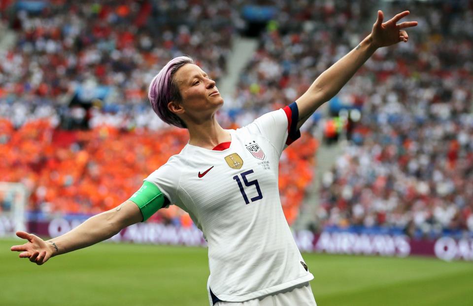 FILE - In this July 7, 2019 file photo, United States' Megan Rapinoe celebrates after scoring the opening goal from the penalty spot during the Women's World Cup final soccer match against The Netherlands at the Stade de Lyon in Decines, outside Lyon, France. Rapinoe has returned to the U.S. national team after sitting out most of last year following the SheBelieves Cup tournament, joining the squad for its January training camp in Florida. (AP Photo/Francisco Seco, File)