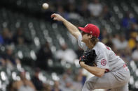 St. Louis Cardinals' Jake Woodford pitches during the first inning of a baseball game against the Milwaukee Brewers Tuesday, Sept. 21, 2021, in Milwaukee. (AP Photo/Aaron Gash)