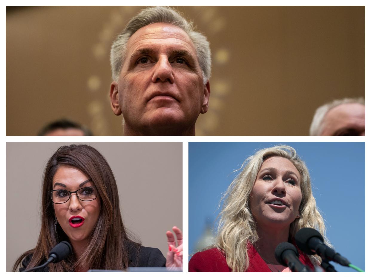 House Minority Leader Kevin McCarthy (top); Republican Rep. Lauren Boebert of Colorado (bottom left); Republican Rep. Marjorie Taylor Greene of Georgia (bottom right)