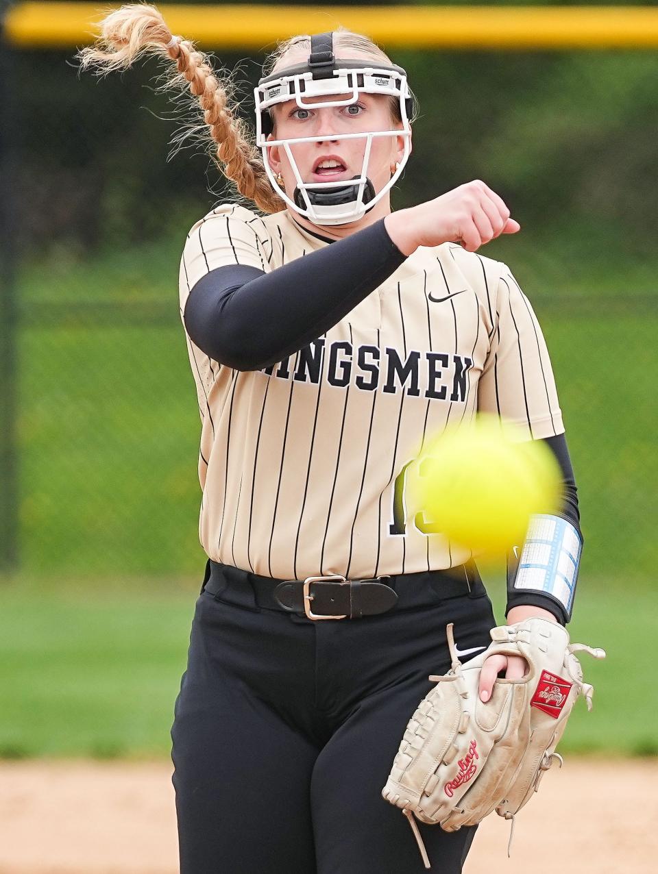 Penn's Aubrey Zachary (13) pitches the ball Saturday, April 22, 2023 at Cherry Tree Softball Complex in Carmel. 