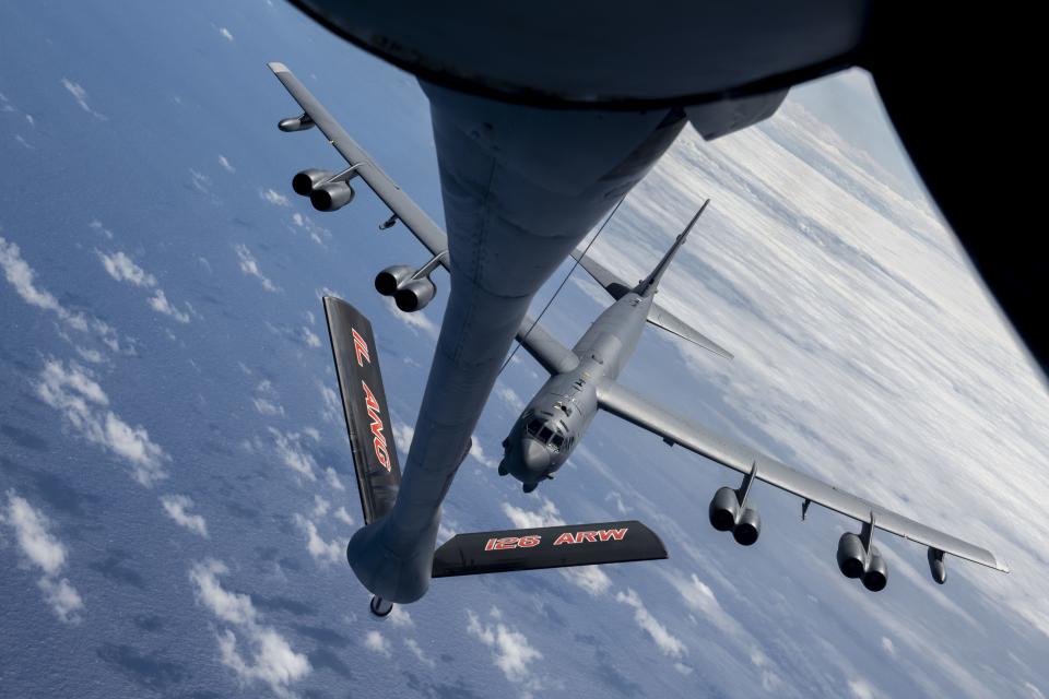 A U.S. Air Force B-52 Stratofortess from the 96th Expeditionary Squadron approaches a KC-135 Stratotanker for air refueling after departing Andersen Air Force Base, Guam, for a Bomber Task Force mission Feb. 24, 2022.