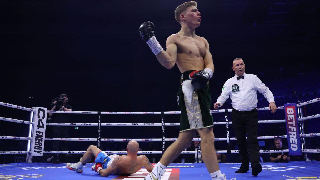 Giorgio Visioli celebrates after a first-round knockdown of his lightweight bout against Lee Anthony Sibley. 