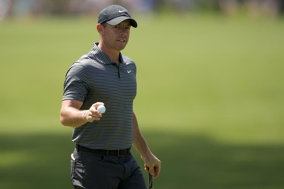 Rory McIlroy, of Northern Ireland, waves after making a putt on the sixth hole during the second round of the RBC Heritage golf tournament, Friday, April 19, 2024, in Hilton Head Island, S.C. (AP Photo/Chris Carlson)