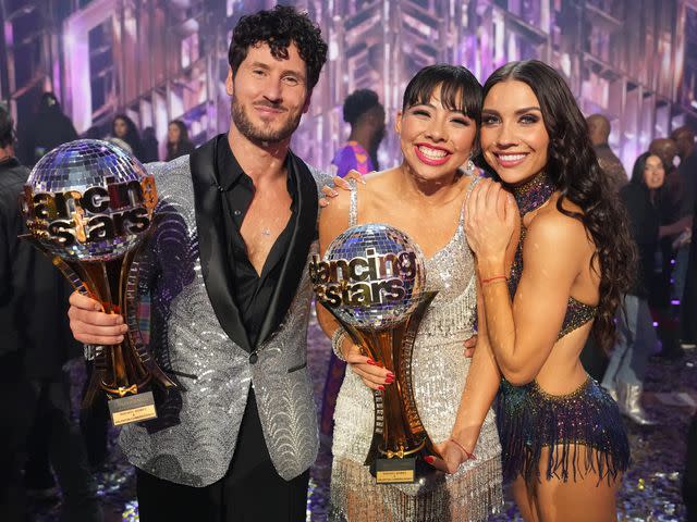 <p>Eric McCandless/DISNEY/Getty</p> Val Chmerkovsky, Xochitl Gomez, and Jenna Johnson after the finale of 'Dancing With the Stars'.