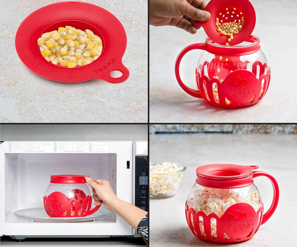 Four squares showing how to pour the corn kernels into the lid, then pour into the pot, then put in the microwave and the fourth with the popped popcorn inside the pot.