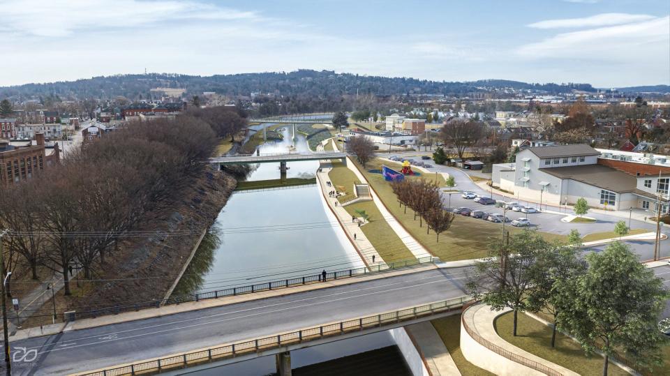 This rendering shows a section of Codorus Greenway between West King Street, lower in the image, and West College Avenue, at the top, with Logos Academy, York County Food Bank and the Homes at Thackston Park, right.