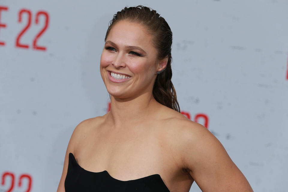 WESTWOOD, CA - AUGUST 09:  Ronda Rousey attends the Premiere Of STX Films' 'Mile 22' at Westwood Village Theatre on August 9, 2018 in Westwood, California.  (Photo by Leon Bennett/Getty Images)