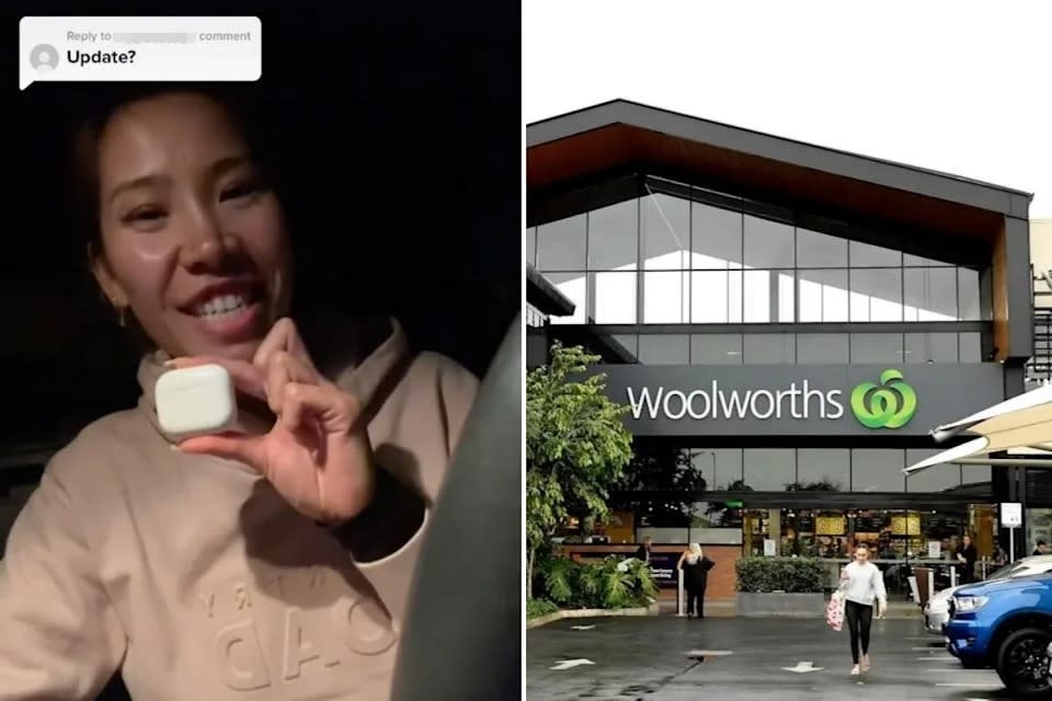 Woman holds missing AirPods in social media video; Woolworths storefront