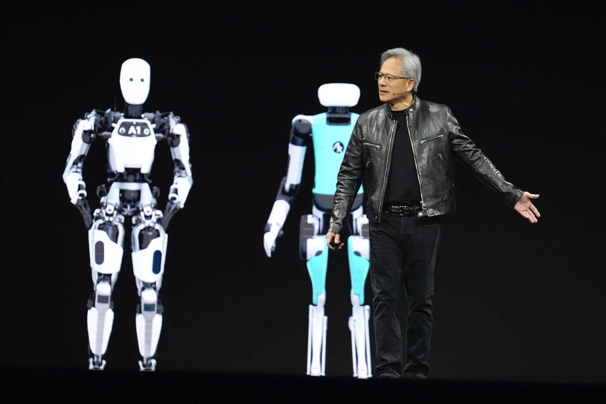 CEO Jensen Huang during the keynote address of Nvidia GTC in San Jose, Calif., Monday, March 18, 2024. (AP Photo/Eric Risberg)