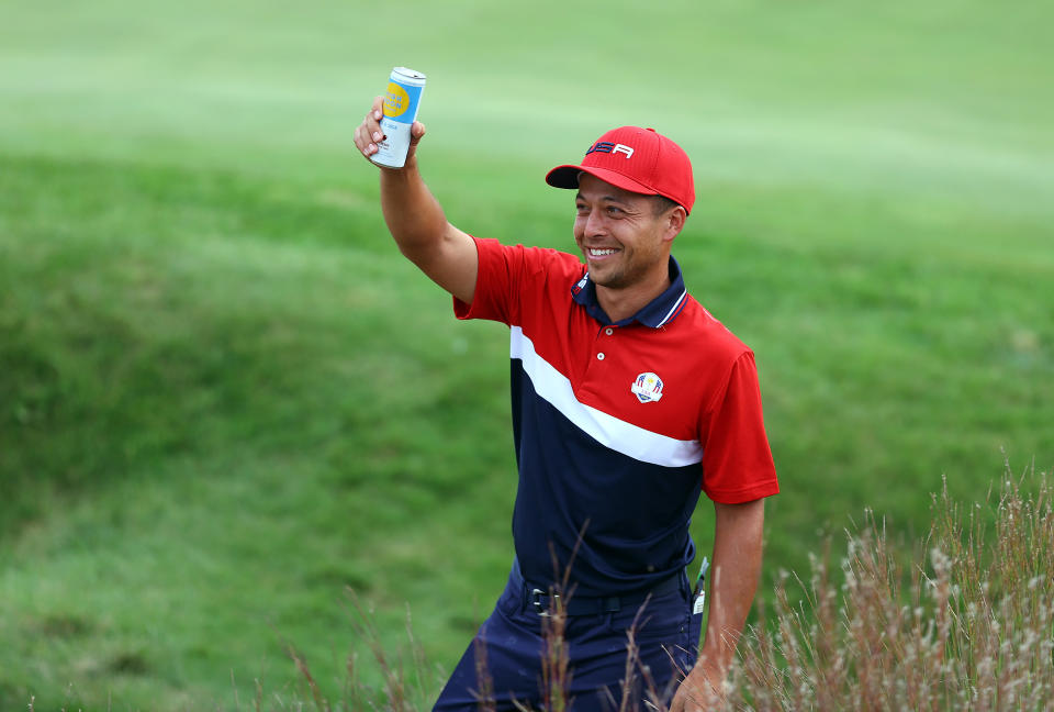 Xander Schauffele celebrates after winning the 43rd Ryder Cup at Whistling Straits on September 26, 2021 in Kohler, Wisconsin. (Photo by Richard Heathcote/Getty Images)