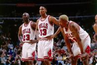 <p>A year after winning 72 games, the Bulls remained thoroughly dominant, threatening to repeat that feat before losing three of their last four games. Michael Jordan led the league in scoring, Dennis Rodman led in rebounding and Scottie Pippen did a little of everything along with Toni Kukoc off the bench. The playoffs were a breeze until the Finals, when Jordan’s “Flu Game” helped Chicago put away the Jazz and win their second of three straight championships. </p>
