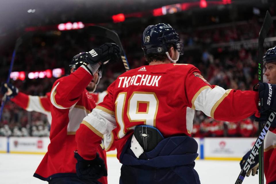 Oct 28, 2023; Sunrise, Florida, USA; Florida Panthers left wing Matthew Tkachuk (19) celebrates his goal against the Seattle Kraken during the second period at Amerant Bank Arena.