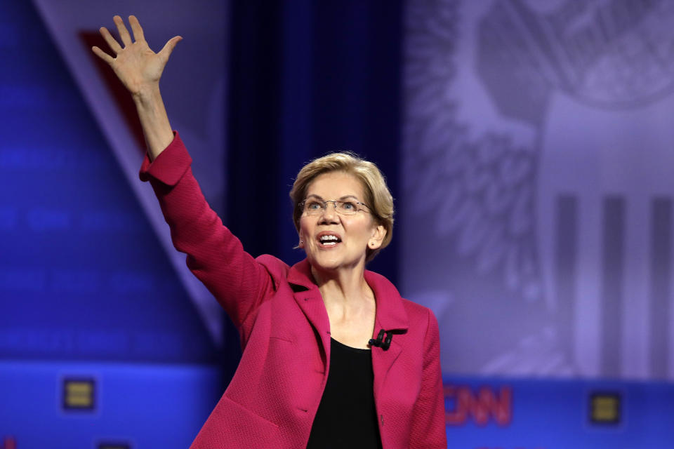 Democratic presidential candidate Sen. Elizabeth Warren, D-Mass., speaks during the Power of our Pride Town Hall Thursday, Oct. 10, 2019, in Los Angeles. The LGBTQ-focused town hall featured nine 2020 Democratic presidential candidates. (AP Photo/Marcio Jose Sanchez)