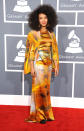 <b>Esperanza Spaulding</b><br> <b>Grade: C-</b><br> Esperanza Spaulding may be an incredible jazz musician (she was nominated for three Grammys this year!), but her wild-patterned Eden Diodati dress and matching capelet was hitting all the wrong notes.