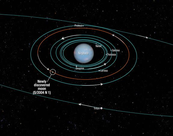 This diagram shows the orbits of several moons located close to the planet Neptune.