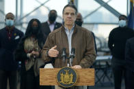 New York Gov. Andrew Cuomo speaks at a vaccination site on Monday, March 8, 2021, in New York. (AP Photo/Seth Wenig, Pool)