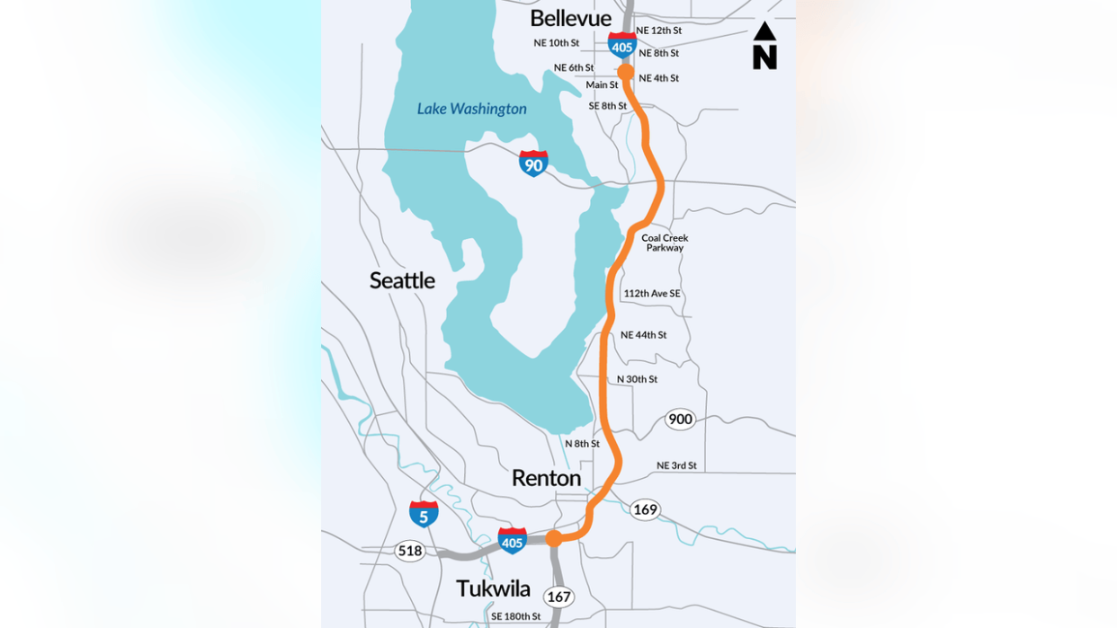 <div>This is a map of the Renton to Bellevue area along I-405.</div> <strong>(WSDOT)</strong>