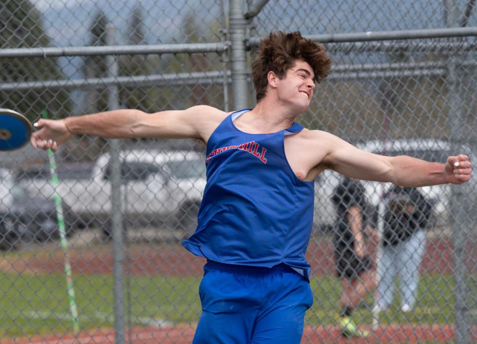 Churchill’s Javin Petry competes in the boys discus on his way to first with a throw of 144' 10 during a meet at Thurston High School April 3 in Springfield.
