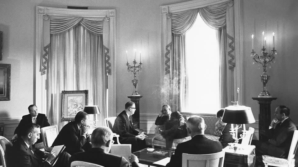 Johnson meets at the White House with Israel's Ambassador to the US Abba Eban before the Six-Day War. - Corbis via Getty Images