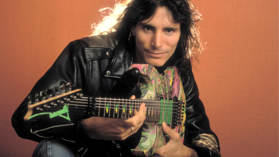 Steve Vai poses at a Hotel in Amsterdam, Netherlands on 24th April 1990.